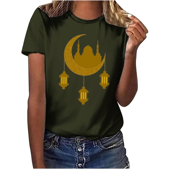Penkiiy Happy Ramadan Tops Blouse for Women Women's Funny Printed Pattern Casual Fashion Soild Color Short Sleeve Tops Blouse M Army Green