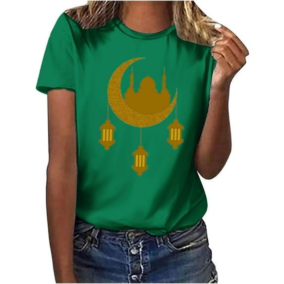 Penkiiy Happy Ramadan Tops Blouse for Women Women's Funny Printed Pattern Casual Fashion Soild Color Short Sleeve Tops Blouse XL Mint Green