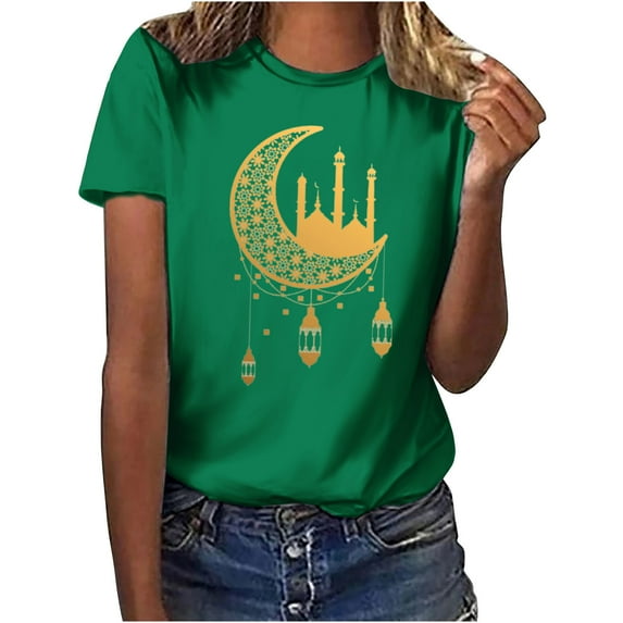 Penkiiy Happy Ramadan Tops Blouse for Women Women's Graphic Tees Moon Print Short Sleeve Round Neck T Shirts Tops 3XL Mint Green