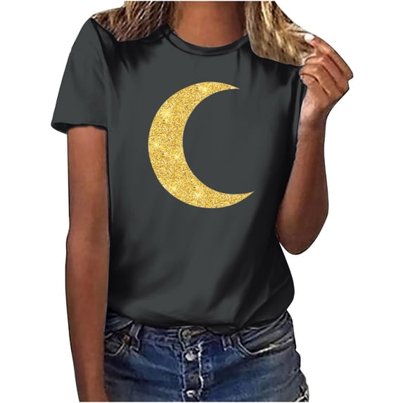 Penkiiy Happy Ramadan Tops Blouse for Women Women's Graphic Tees Moon Print Short Sleeve Round Neck T Shirts Tops L Dark Gray