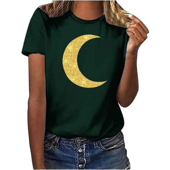 Penkiiy Happy Ramadan Tops Blouse for Women Women's Graphic Tees Moon Print Short Sleeve Round Neck T Shirts Tops M Green