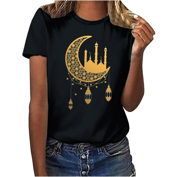 Penkiiy Happy Ramadan Tops Blouse for Women Women's Graphic Tees Moon Print Short Sleeve Round Neck T Shirts Tops S Black