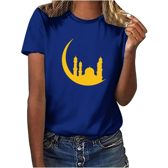 Penkiiy Happy Ramadan Tops Blouse for Women Women's Graphic Tees Moon Print Short Sleeve Round Neck T Shirts Tops S Blue