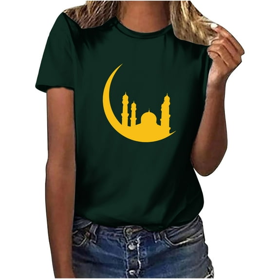 Penkiiy Happy Ramadan Tops Blouse for Women Women's Graphic Tees Moon Print Short Sleeve Round Neck T Shirts Tops S Green