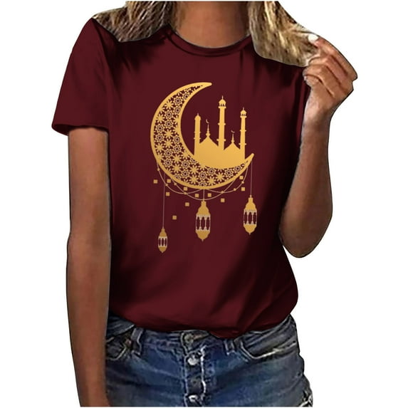 Penkiiy Happy Ramadan Tops Blouse for Women Women's Graphic Tees Moon Print Short Sleeve Round Neck T Shirts Tops XL Wine