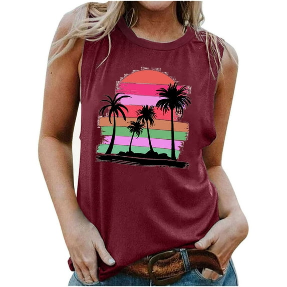 Penkiiy Hawaiian Beach Tank Tops for Women Summer Sunshine Graphic Sleeveless Tee Vintage Palm Tree Tee Hawaiian Vacation Shirts L Wine