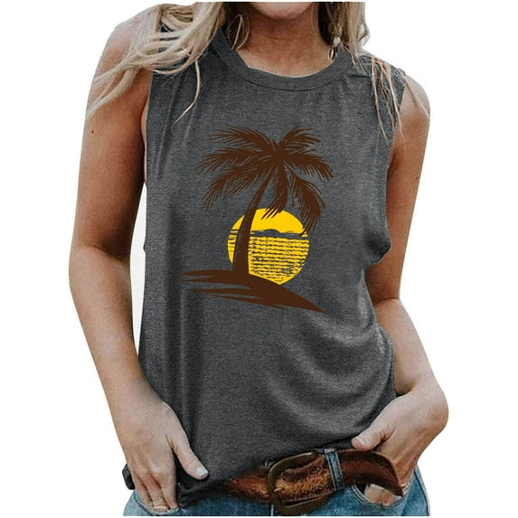 Penkiiy Hawaiian Beach Tank Tops for Women Summer Sunshine Graphic Sleeveless Tee Vintage Palm Tree Tee Hawaiian Vacation Shirts M Dark Gray