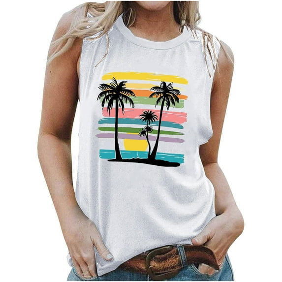 Penkiiy Hawaiian Tank Top Women Sunset Beach Tank Top Retro Sunset Palm Tree Shirt Coconut Tree Tee Summer Vacation Shirt S White