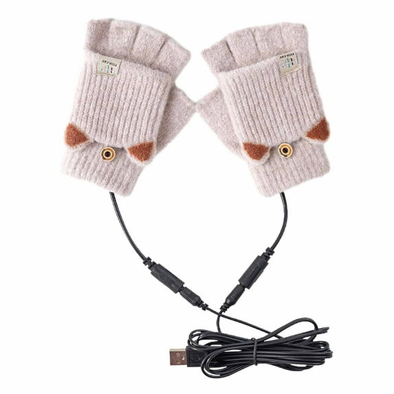 Penkiiy Heated Mittens for Women Smart USB Rechargeable Winter Cold Protection Warmth Half Finger Clamshell Knitting Heating Gloves Beige Mittens