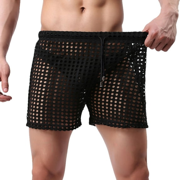 Penkiiy Hollow New Fashion Men's Loose Sexy Mesh Hollow Sexy Mesh Half Shorts Pants Mens Summer Shorts with Pockets Hiden Drawstring L Black On Sale