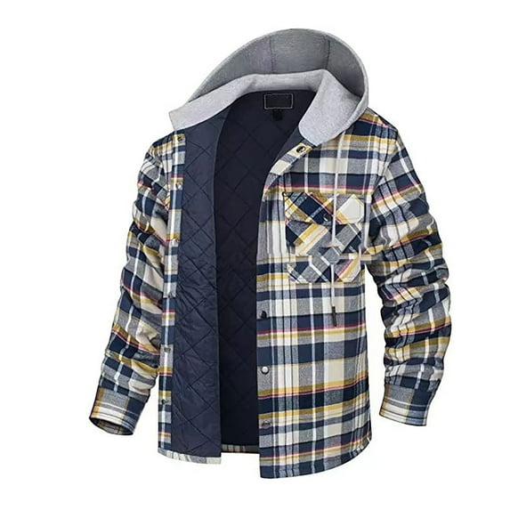 Penkiiy Hooded Plaid Jacket Men Button Casual Hooded Thicken Lattice Long Sleeve With Pocket Jacket Khaki Plaid Jacket
