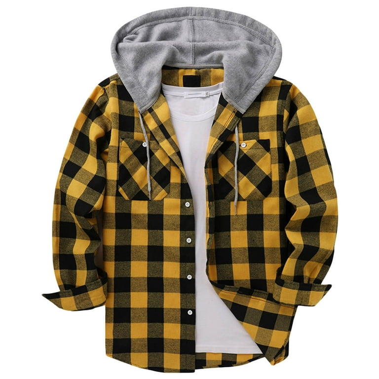 Penkiiy Hooded Plaid Jacket Men Casual Patchwork Fashion Plaid Hooded Button Long Sleeve Shirt Blouse Yellow Plaid Jacket Walmart