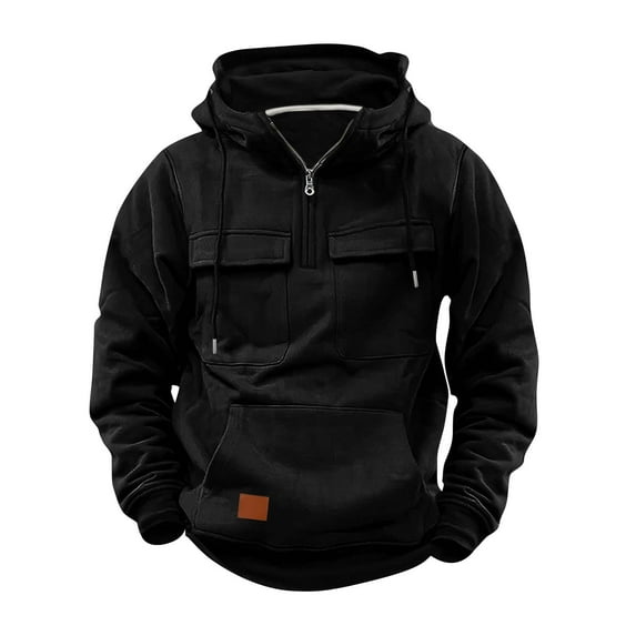 Penkiiy Hoodies For Men Military Workout Casual Cargo Pullover Quarter Zip Hooded Outfit Tops Heavy Weight Sweatshirt L Black