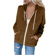 Penkiiy Hoodies for Women Fashion Women Casual Hooded Slim Zipper Fleece Sweater Coat Coffee Y2K Clothes