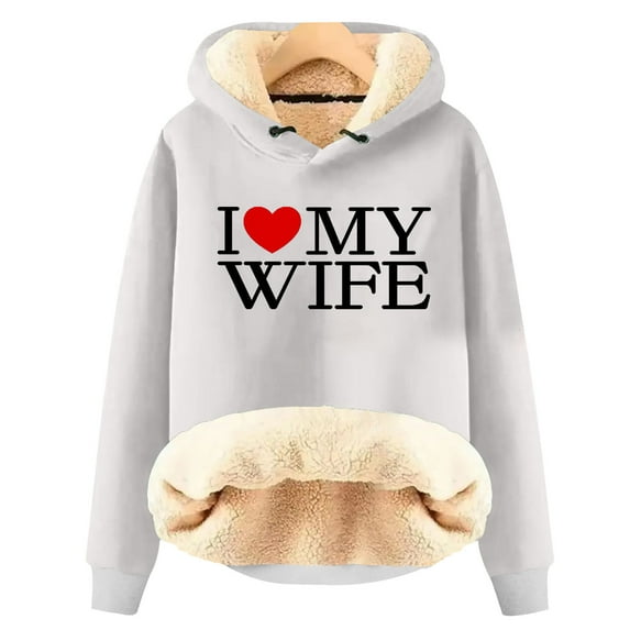 Penkiiy I Love My Wife Hoodie Sweater for Husband Womens Casual Winter Warm Fleece Sherpa Lined Pullover Hooded Sweatshirt Gray