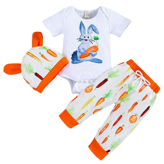 Penkiiy Infant Baby Boy Girl Rabbit Carrot Romper Tops Pants Outfits Set Toddler Boy Clothes Sweat Outfit 2-3 Years White 2023 Summer Deal