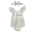 thumbnail image 1 of Penkiiy Infant Baby Girls Lace Fly Sleeve Ribbed Solid Clothes Romper Hairband Outfits Baby Girl Summer Backless Jumpsuit 9-12 Months Gray On Sale, 1 of 9