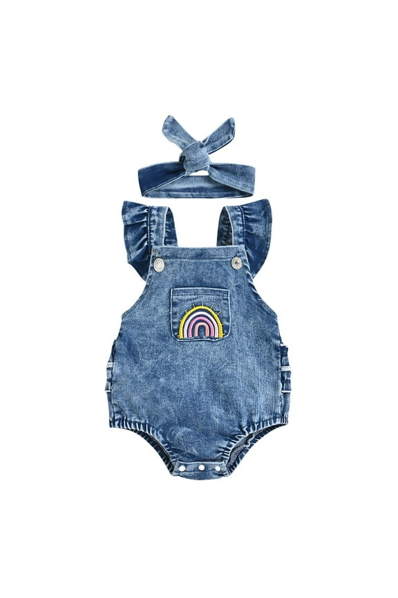 Infant Girls Sleeveless Jumpsuit Denim Rainbow Print Romper Headband 2pcs Set Gifts for Baby Girls for 12-18 Months Kids Blue on Clearance