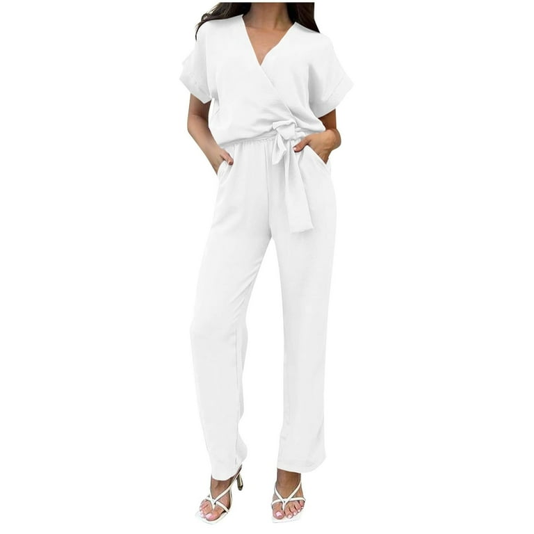 Women summer romper V neck white jumpsuit Women summer romper V neck white jumpsuit