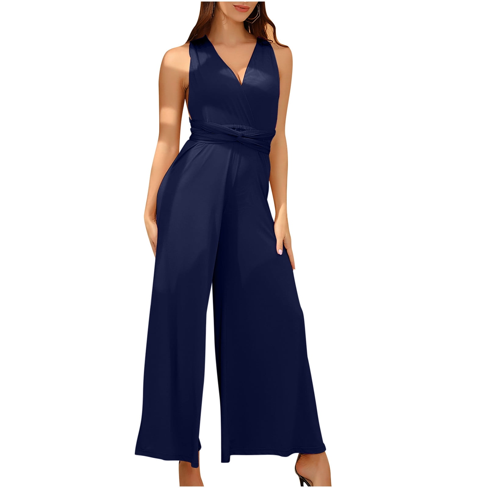 Penkiiy Jumpsuits for Women Jumpsuits For Women SleevelessSolid Color Lace  Up Loose Straight Pants Fashion Romper Pants Navy Jumpsuits - Walmart.com