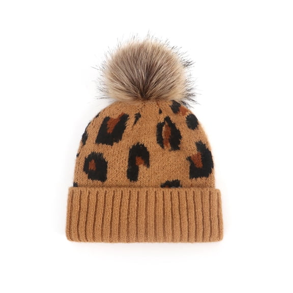 Penkiiy Kids Beanie Baby Toddler Cable Knit Children’s Leopard Pom Winter Hat Infant Newborn Winter Warm Knit Cap Winter Warm Hat Brown