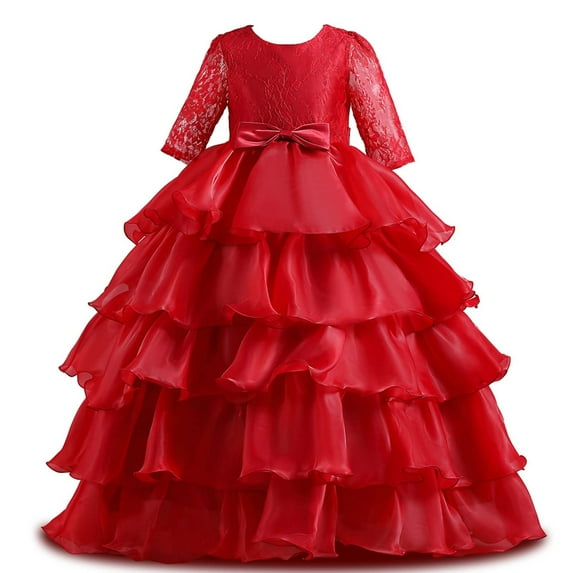 Penkiiy Kids Dress Girls Middle Sleeve Princess Dress Bow Tie Lace Mesh Dress Cake Dress Girls Dress Party Sundress 9-10 Years Red On Clearance