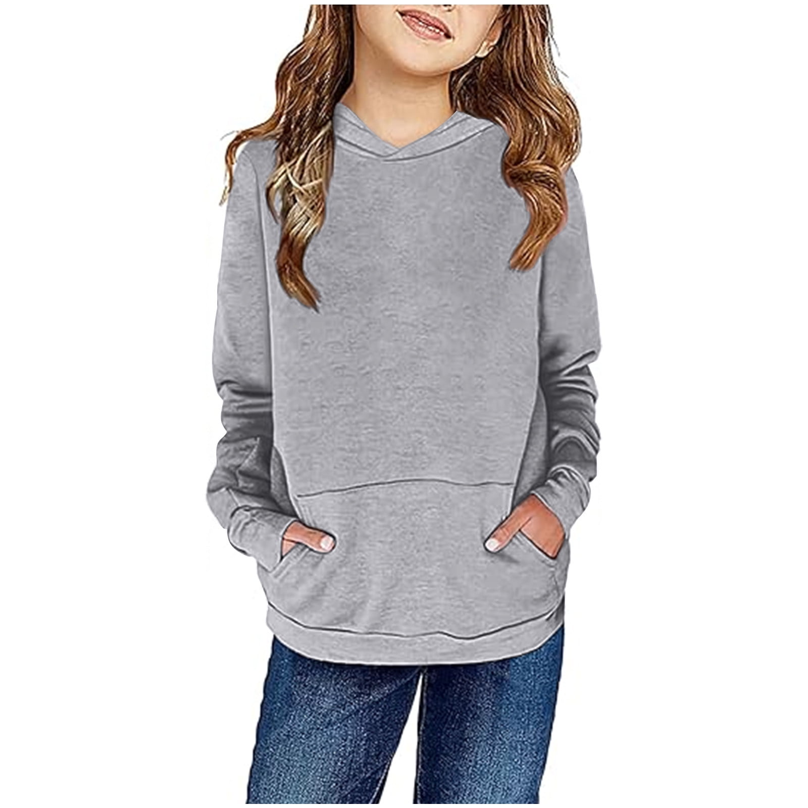 Penkiiy Kids Girls Fleece Pullover Hoodies Cute Solid Hooded Sweatshirts  with Pockets Gray Clearance for 11-12 Years