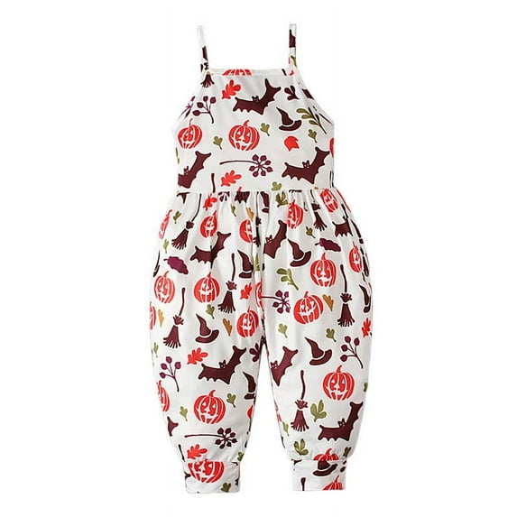 Penkiiy Kids Toddler Baby Girls Sleeveless Jumpsuit Halloween Pumpkin Witch Graphic Romper Harem Pants with Pocket Outfits White Clearance for 3-4 Years