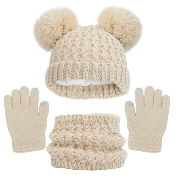 Penkiiy Kids Winter Hats Gloves Scarf Set for Girls Boys Toddler Warm Fleece Lining for 1-11 Years Old Beige