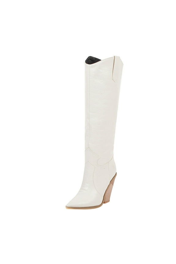 Knee High Cowboy Boots for Women Embroidered Tall Cowgirl Boots Western Style Almond Pointed Toe Medium Block Chunky Heel 36 White