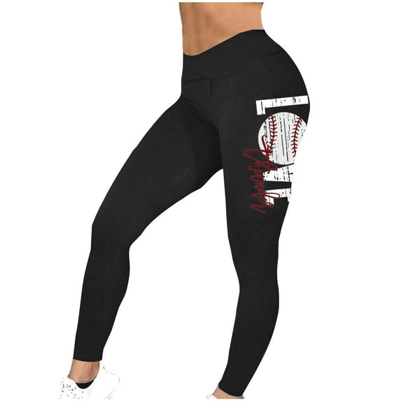 Penkiiy Leggings for Women 2024 Casual Comfy High Waisted Baseball Print Yoga Leggings Workout Running Stretchy Pants 3XL Black