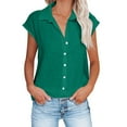 thumbnail image 1 of Penkiiy Linen Cotton Womens Short Sleeve Shirts V Neck Collared Button Down Blouse Tops 5XL Green, 1 of 6