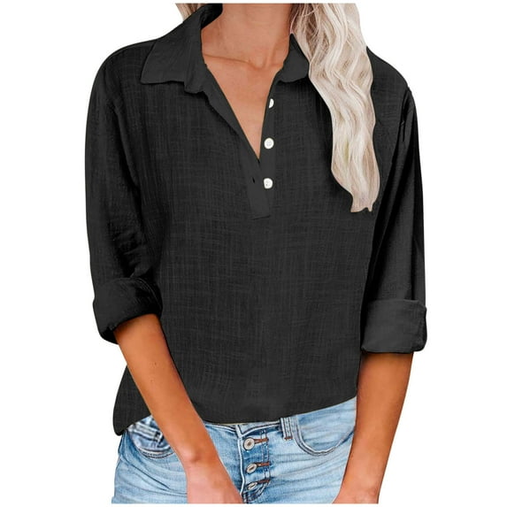 Penkiiy Linen Shirts for Women V Neck Button down Blouse Long Sleeve Office Work Tops Vintage Vacation Tees Shirt Blouse Tops 2XL Black