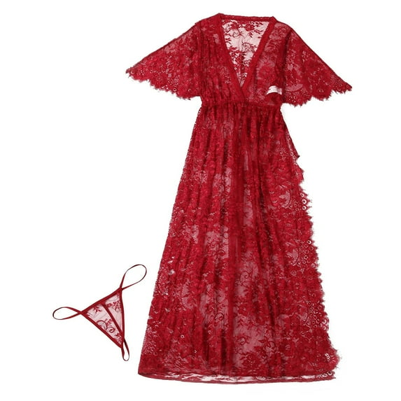 Penkiiy Lingerie for Women Sexy Long Lace Dress Sheer Gown See Through Kimono Robe XL Wine