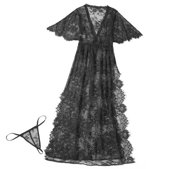 Penkiiy Lingerie for Women Sexy Long Lace Dress Sheer Gown See Through Kimono Robe XS Black