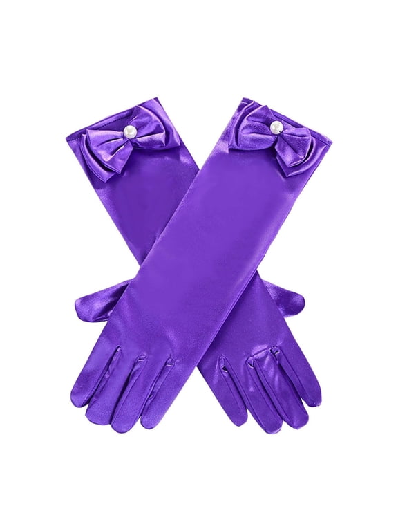 Little Girls Gloves, Princess Long Gloves Shiny Silky Satin Gloves for Kids Party, Wedding, Formal Pageant Ages 2 to 8 Years Old Purple