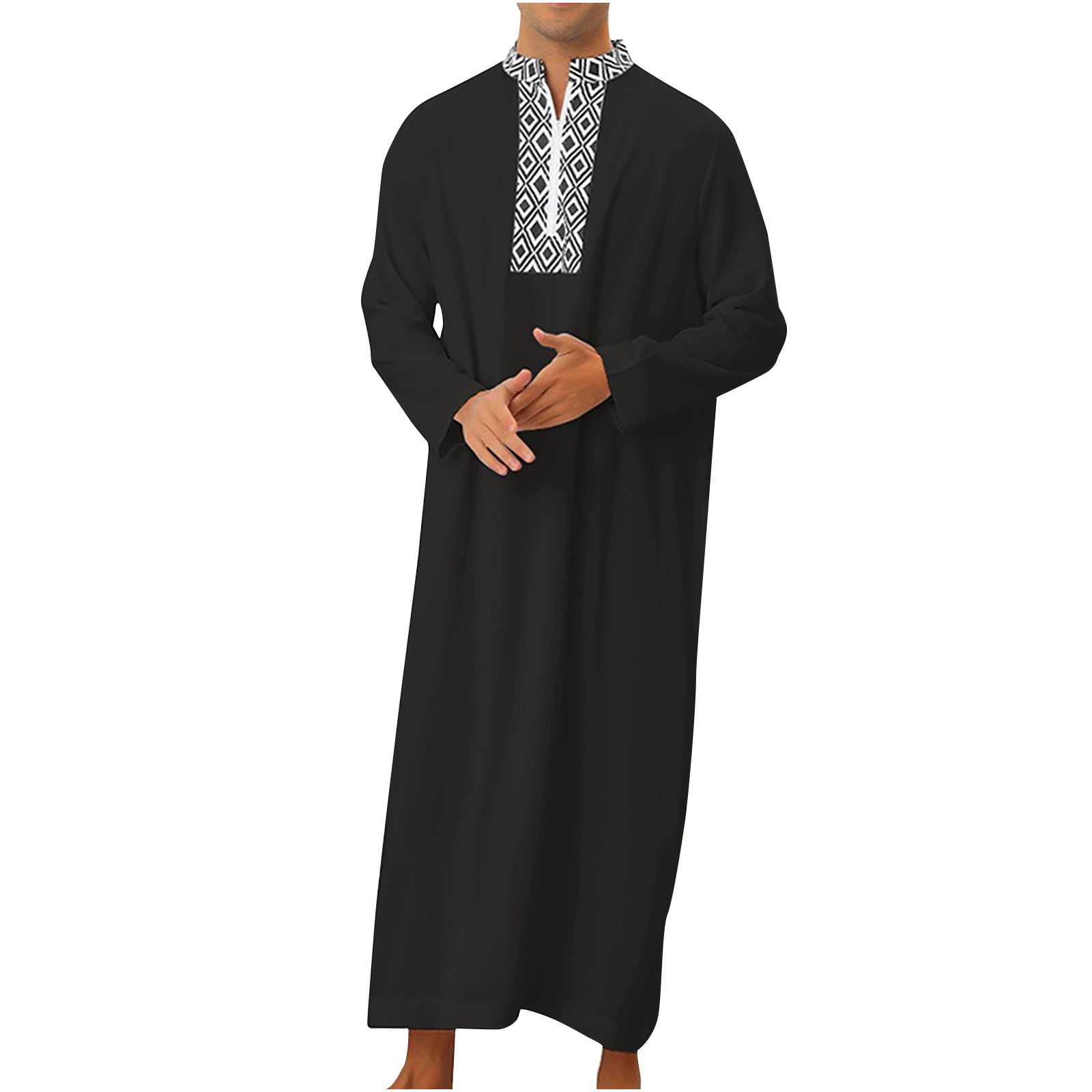 Lilgiuy Men's Muslim Robe With Edges Black White Stripes Long Sleeves  V-neck Casual Arabic Style Robe for Camping Hiking Fishing 