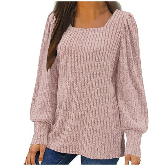 Penkiiy Long Sleeve Tops for Women Square Neck Fall Tunic Sweaters M Pink
