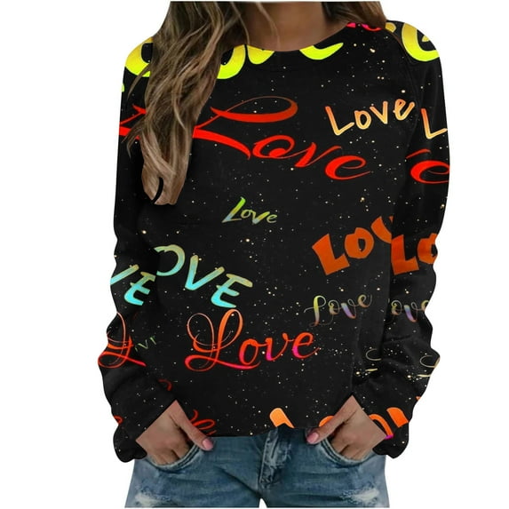 Penkiiy Love Heart Print Sweatshirts Women Long Sleeve Pullover Tops Casual Blouse 3XL Black