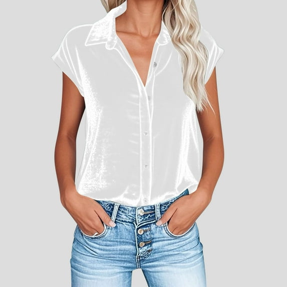 Penkiiy Luxurious Velour Button Down Shirt for Women - Trendy Short Sleeve Comfort Top