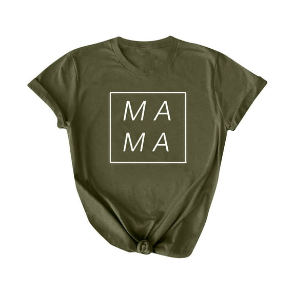 Penkiiy Mama Shirt for Women Mama Letter Print Graphic T-Shirt Casual Mom Life Short Sleeve Tee Tops L Green