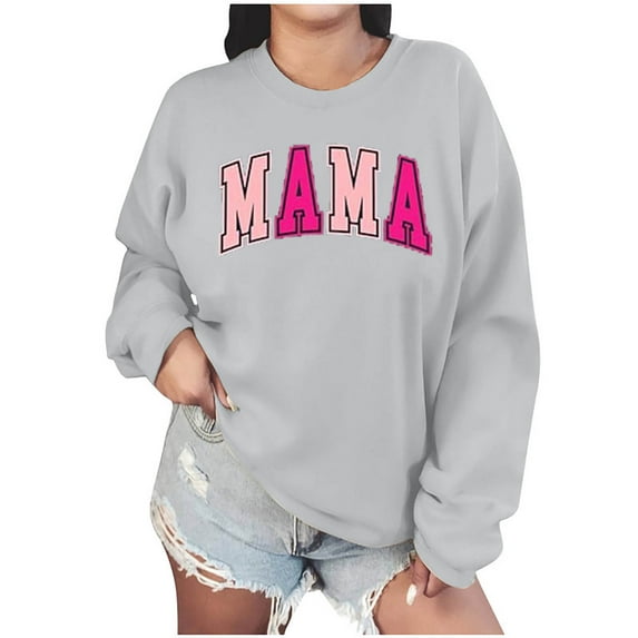 Penkiiy Mama Sweatshirt Women Oversize Glitter Patch Mama Crewneck Sweatshirts Mama Print Long Sleeve Loose Fashion Pullover S Gray