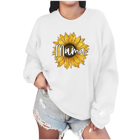 Penkiiy Mama Sweatshirts for Women Oversized Crewneck Sweatshirt Loose Fit Long Sleeve Pullover for Mother's Day L White