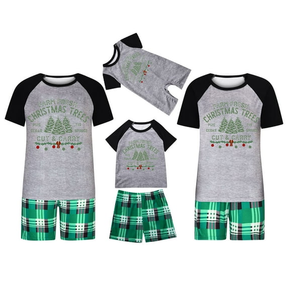 Penkiiy Matching Family Pajamas Christmas Pajamas for Family Xmas Matching Sets Short Sleeve Shirts and Plaid Shorts Santa Christmas Tree Sleepwear Two-piece Sets Gray 6-9 Months