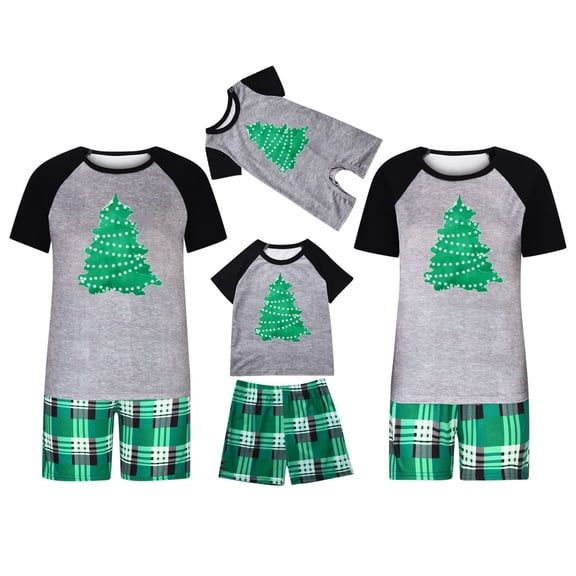 Penkiiy Matching Family Pajamas Christmas Pajamas for Family Xmas Matching Sets Short Sleeve Shirts and Plaid Shorts Santa Christmas Tree Sleepwear Two-piece Sets Green 18-24 Months