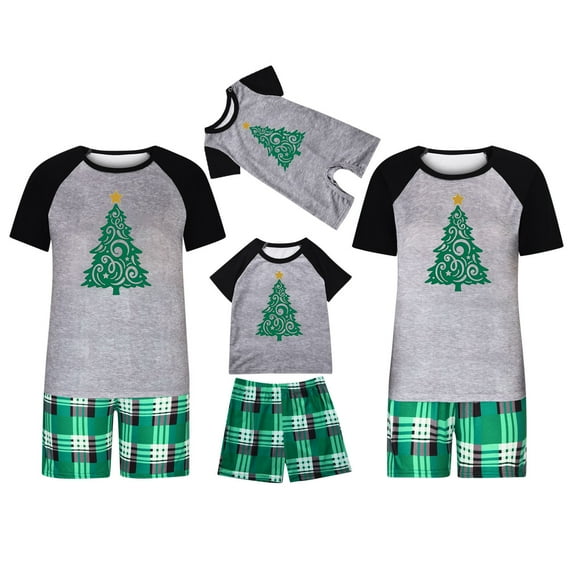 Penkiiy Matching Family Pajamas Christmas Pajamas for Family Xmas Matching Sets Short Sleeve Shirts and Plaid Shorts Santa Christmas Tree Sleepwear Two-piece Sets Green M