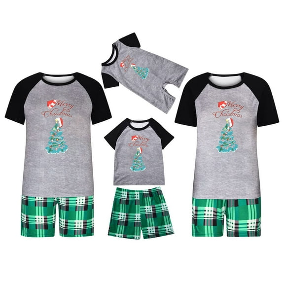 Penkiiy Matching Family Pajamas Christmas Pajamas for Family Xmas Matching Sets Short Sleeve Shirts and Plaid Shorts Santa Christmas Tree Sleepwear Two-piece Sets Sky Blue XL
