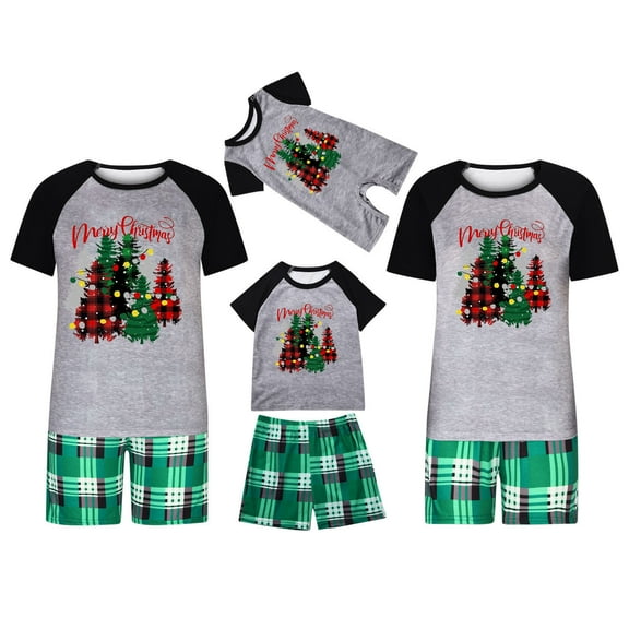 Penkiiy Matching Family Pajamas Christmas Pajamas for Family Xmas Matching Sets Short Sleeve Shirts and Plaid Shorts Santa Christmas Tree Sleepwear Two-piece Sets Gray 2XL