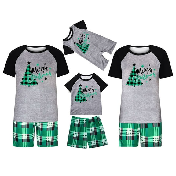 Penkiiy Matching Family Pajamas Christmas Pajamas for Family Xmas Matching Sets Short Sleeve Shirts and Plaid Shorts Santa Christmas Tree Sleepwear Two-piece Sets Green 18-24 Months