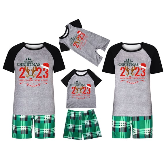 Penkiiy Matching Family Pajamas Christmas Pajamas for Family Xmas Matching Sets Short Sleeve Shirts and Plaid Shorts Santa Christmas Tree Sleepwear Two-piece Sets Gray 3-6 Months